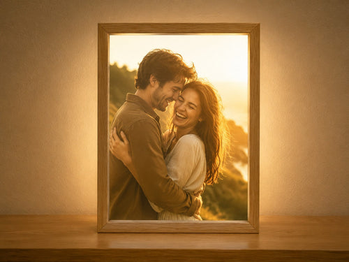 Cadre lumineux personnalisé allumé affichant la photo d'un couple